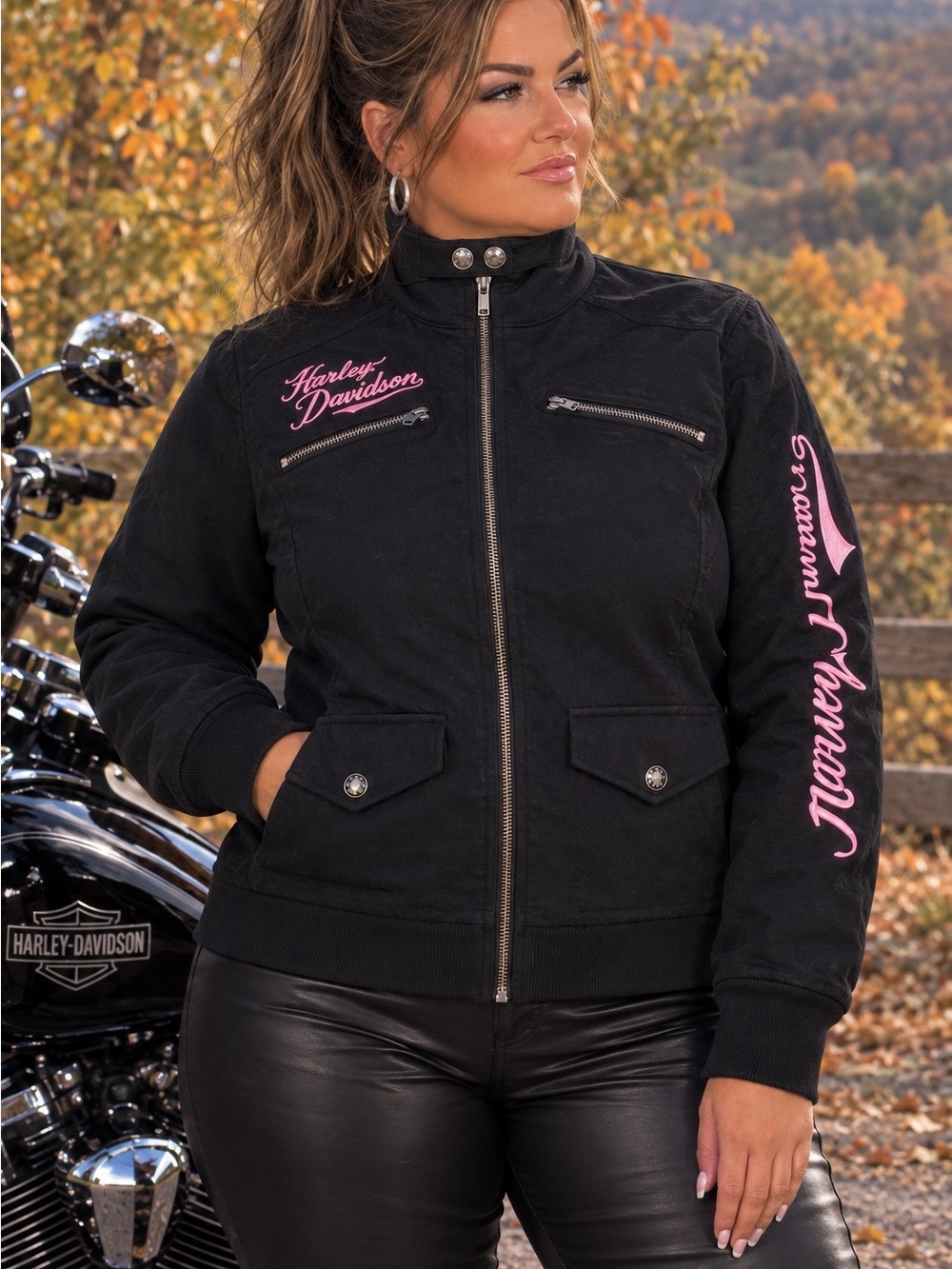 Harley-Davidson Black Bomber Jacket with Pink Script Accents
